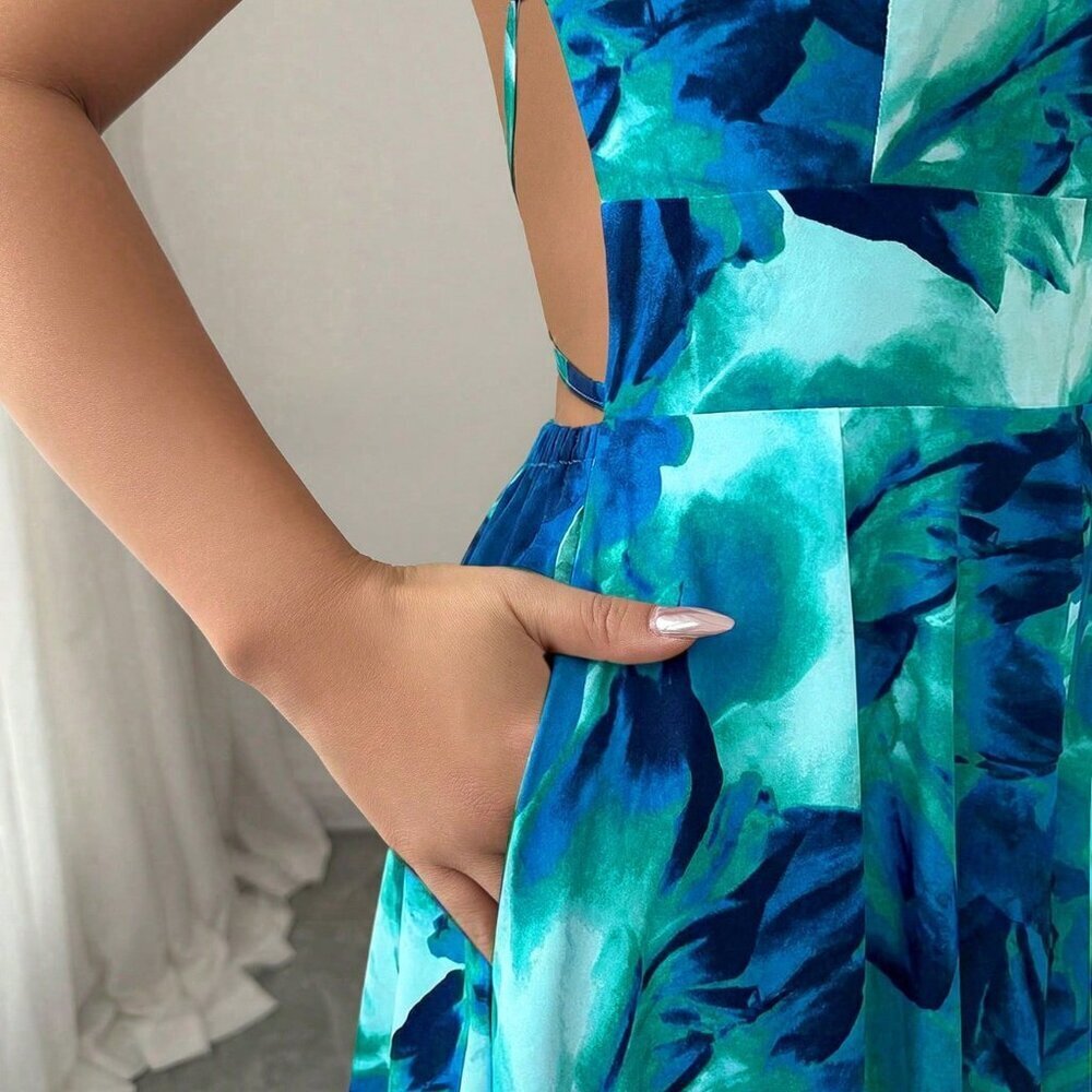 Blue Boho Women's Ink Print Criss-Cross Tie Long Dress - Picture 3 of 5